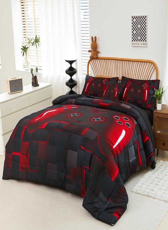 PERFEMET 6-Piece Boys Comforter Set Full Size Game Console Bedding Set for Kids Teen 3D Black and Red Gamepad Gaming Bed in a Bag Matching Sheet Set(Red, Full) - Image 2