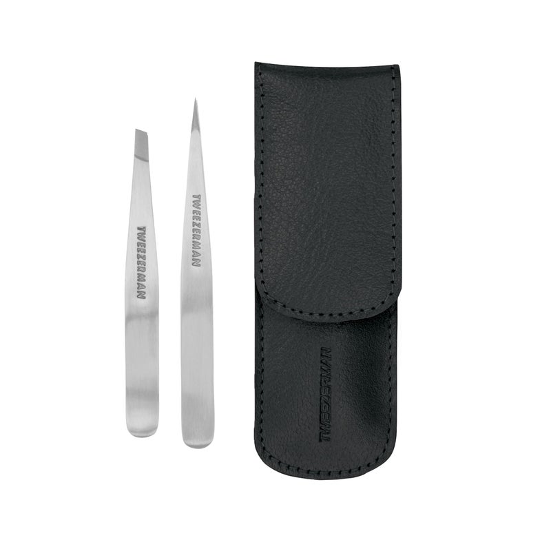 Tweezerman Petite Tweeze Set with Travel Case - Point and Slant Tweezers, Tweezers for Travel (Black Case) - Image 1