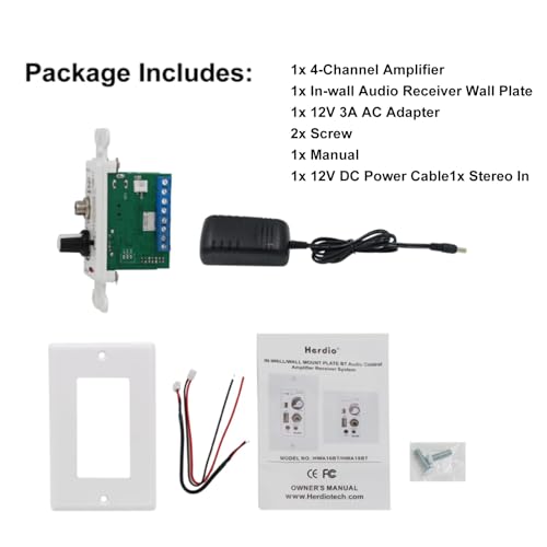 Herdio Bluetooth Wall Amplifier 4 Channels Volume Control Wall Plate USBMICAUX35mm Inputs Connect 4 Speakers with 12V 3A Power SupplyHWA16BT4CH - Image 3