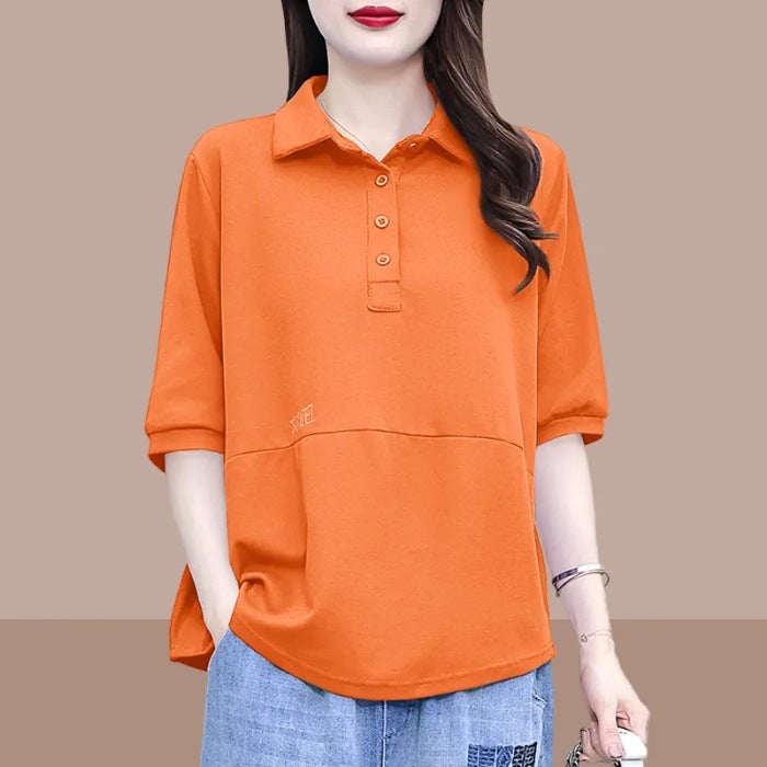 Loose Mid-Sleeve T-Shirt Women'S 2024 Half-Sleeve Sweat Thin Plus Size Fashionable Lapel Short-Sleeve Top Trendy - Image 1