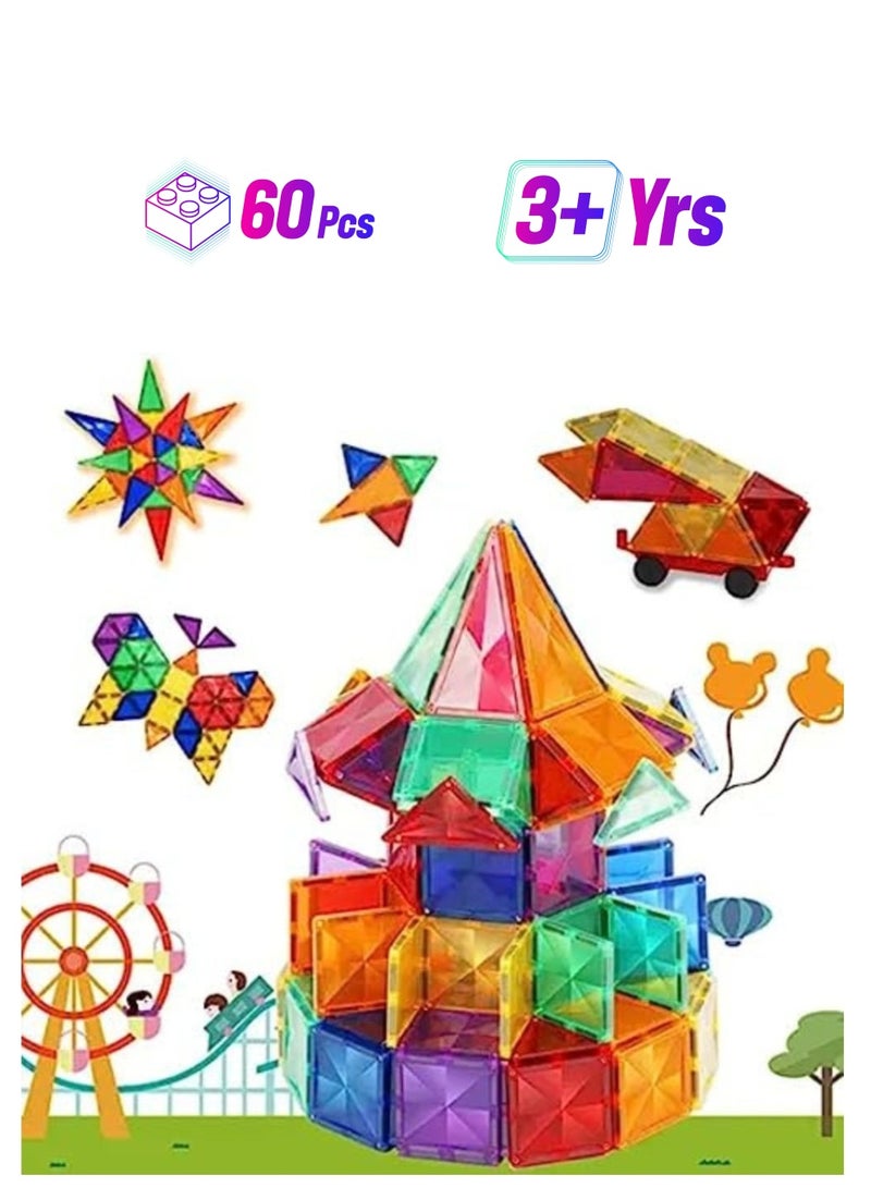TEGRILO 60 Pcs Magnetic Tiles Set Creative Magnetic Building Blocks 3D Magnetic Tiles For Kindergarten Preschool Toddler Educational Learning STEM Toys for Kids - Image 1