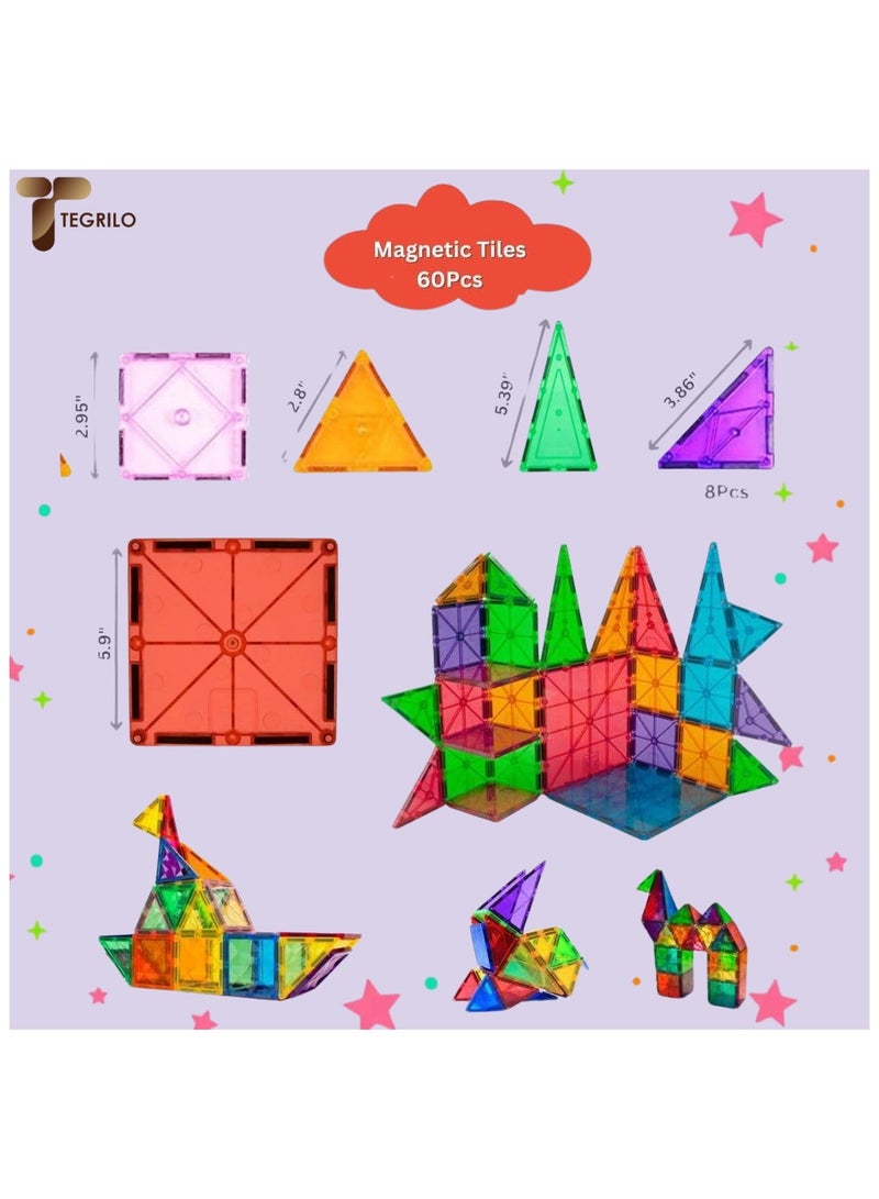 TEGRILO 60 Pcs Magnetic Tiles Set Creative Magnetic Building Blocks 3D Magnetic Tiles For Kindergarten Preschool Toddler Educational Learning STEM Toys for Kids - Image 3