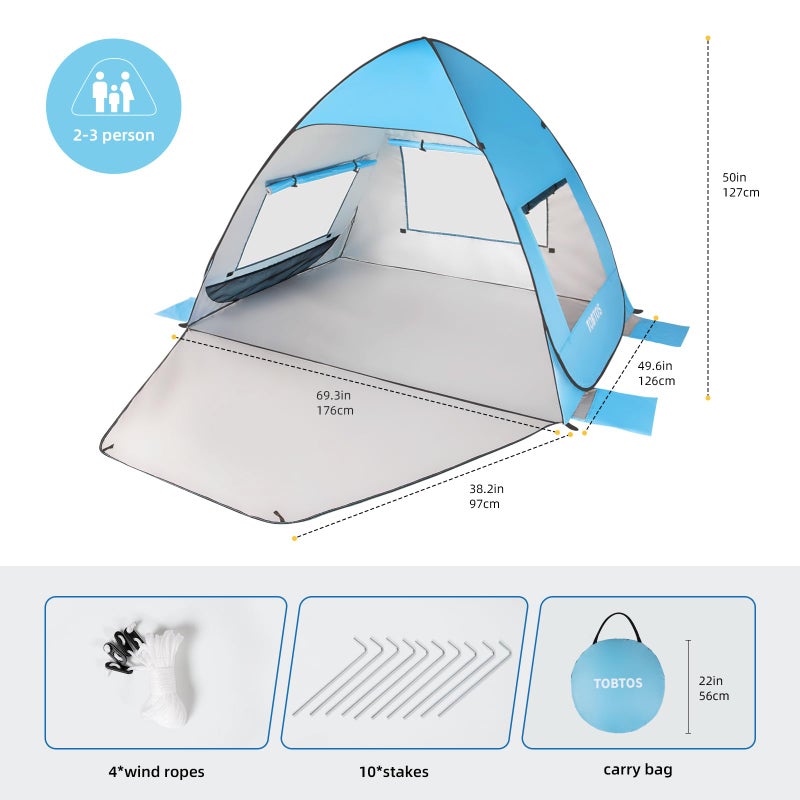 TOBTOS UPF 50+ Pop Up Beach Tent, Beach Umbrella, Automatic Sun Shelter 2-3 People UV Protection Portable Sunshade, Easy Set Up Baby Canopy Cabana, Lightweight with Carry Bag - Image 2