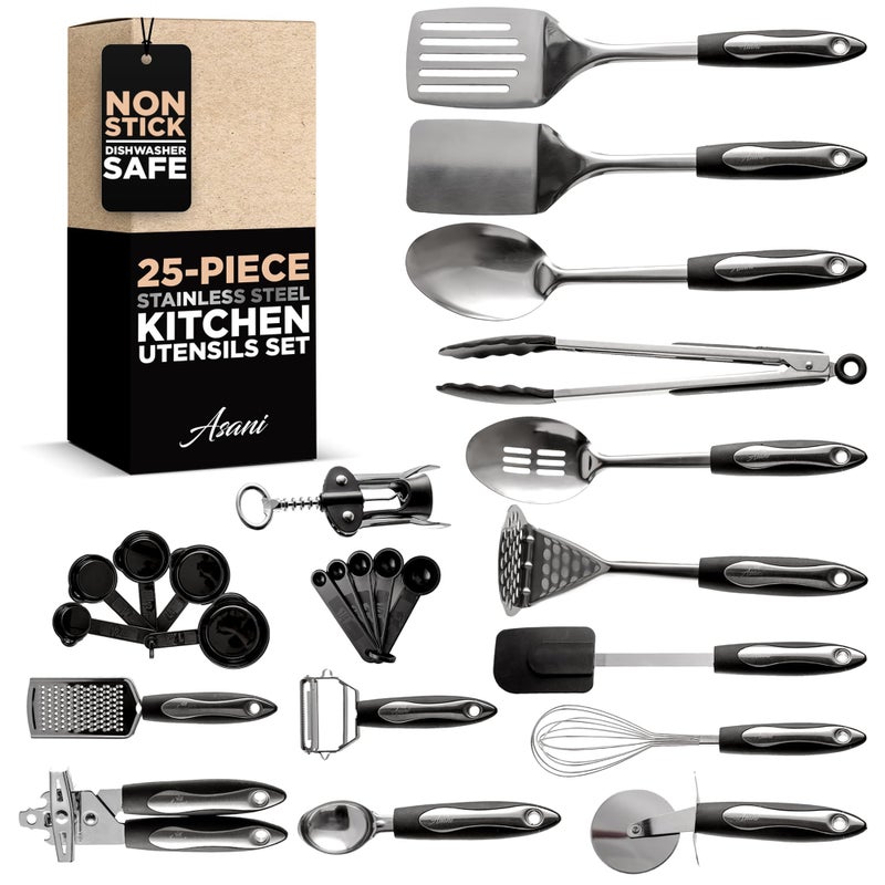 Asani 25Piece Stainless Steel Kitchen Utensil Set  NonStick Cooking Gadgets and Tools Kit  Durable DishwasherSafe Cookware Set  Kitchenware Gift Idea Best New Apartment Essentials