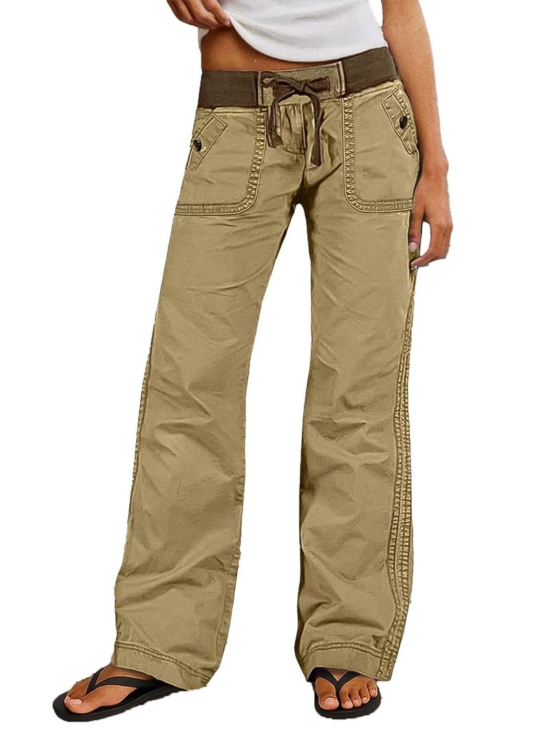 Flamingals Straight Leg Pants for Women Drawstring Waist Mid Rise Casual Solid Seam Detail Pants Light Khaki XL - Image 1
