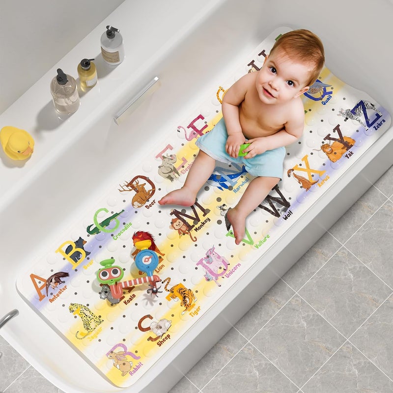 AmazerBath Baby Bath Mat Non Slip, Cartoon Kids Bath Mat for Tub 40 x 16 Inches Full Size Shower Stall Mats - Alphabets & Animals - Image 1