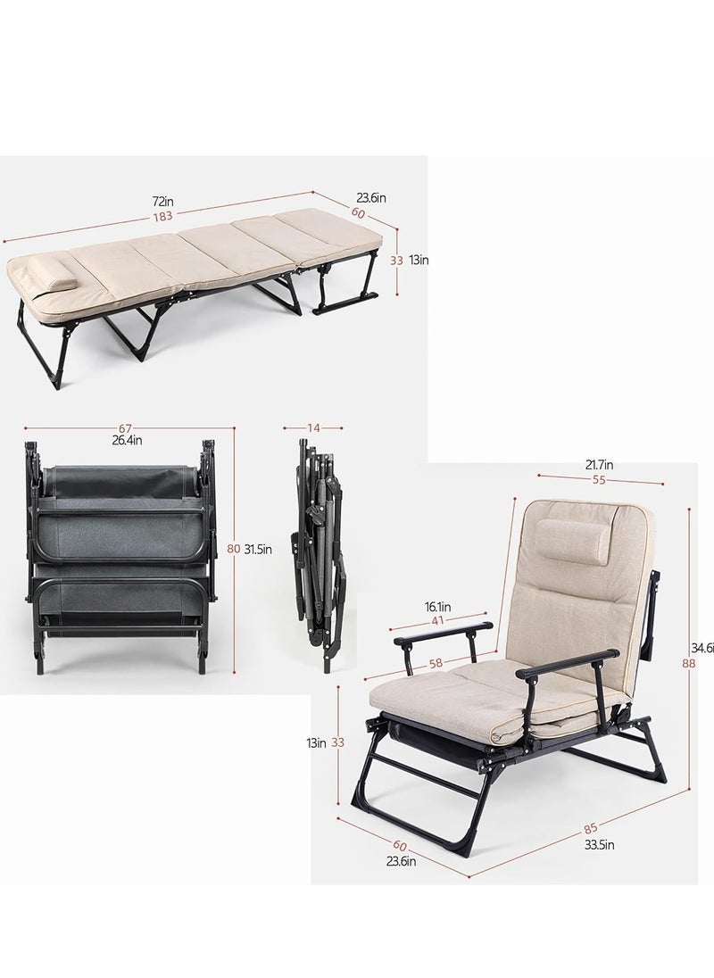 XiuWoo - Portable Folding Camping Bed for Adults w/Mattress Adjustable 6-Position Cots for Sleeping Heavy Duty Single Guest Bed Outdoor Patio Chaise Lounge Chair, Beige - Image 1
