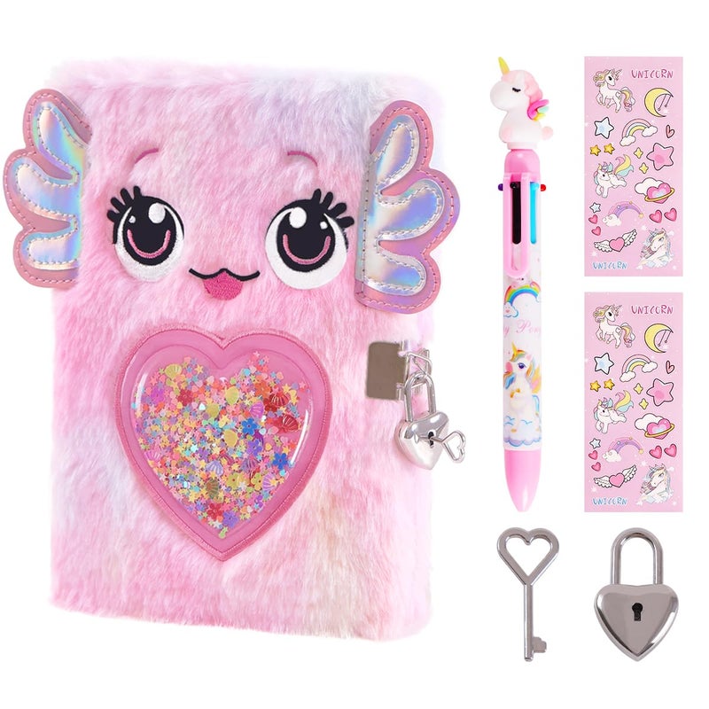 PrinBarBee Axolotl Diary for Girls with lock and keys Kids Journal School Travel Notebook Gift Set for Writing and DrawingMulticolored Pen Stickers Birthday Gift for Girls ages 68 - Image 3