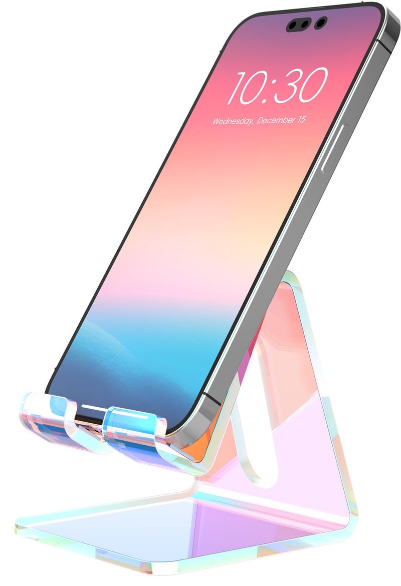 Crpich Acrylic Cell Phone Stand Portable Phone Holder Phone Stand for Desk Compatible with Phone16 15 14 13 12 Pro Max Mini 11 Switch Android Smartphone Pad Tablet Iridescent Color - Image 2