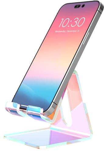Crpich Acrylic Cell Phone Stand Portable Phone Holder Phone Stand for Desk Compatible with Phone16 15 14 13 12 Pro Max Mini 11 Switch Android Smartphone Pad Tablet Iridescent Color - Image 1