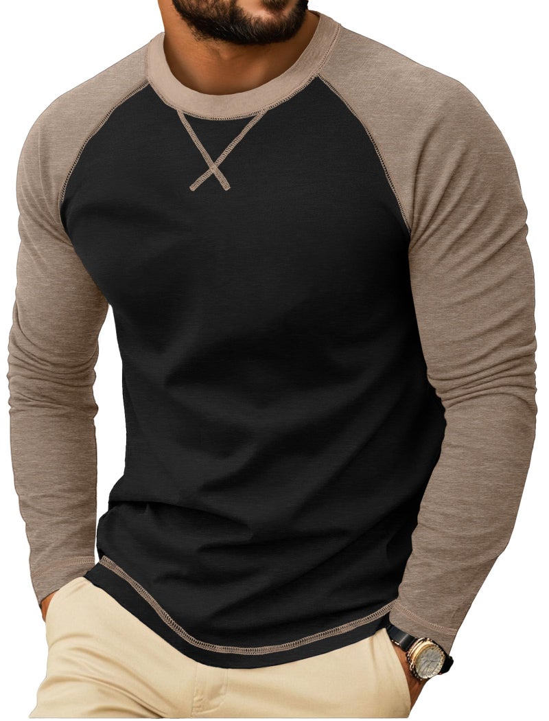 Askdeer Mens Cotton Shirts Long Sleeve Casual T-Shirts Soft Crew Neck Shirts Black - Image 1