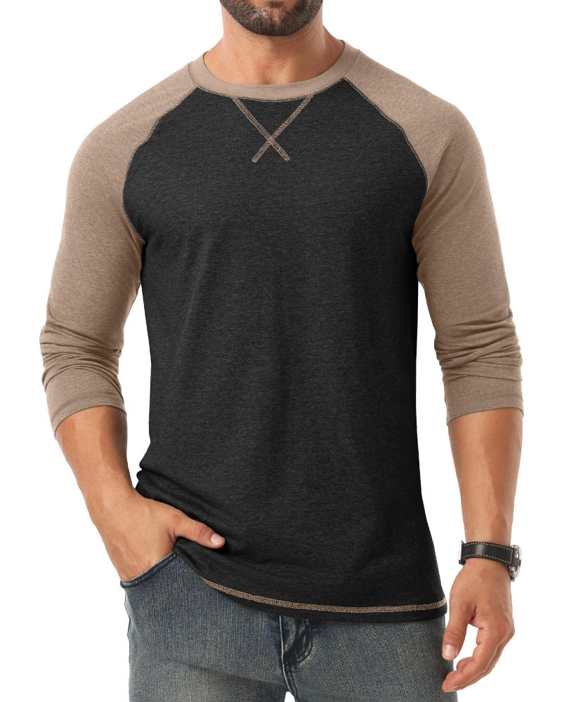 Askdeer Mens Cotton Shirts Long Sleeve Casual T-Shirts Soft Crew Neck Shirts Black - Image 2