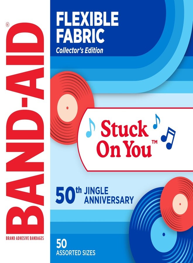 BAND-AID Brand Adhesive Bandages Flexible Fabric, Comfortable Sterile Protection & Wound Care for Minor Cuts & Burns, Jingle Anniversary Tin, Assorted Sizes, 50ct - Image 1