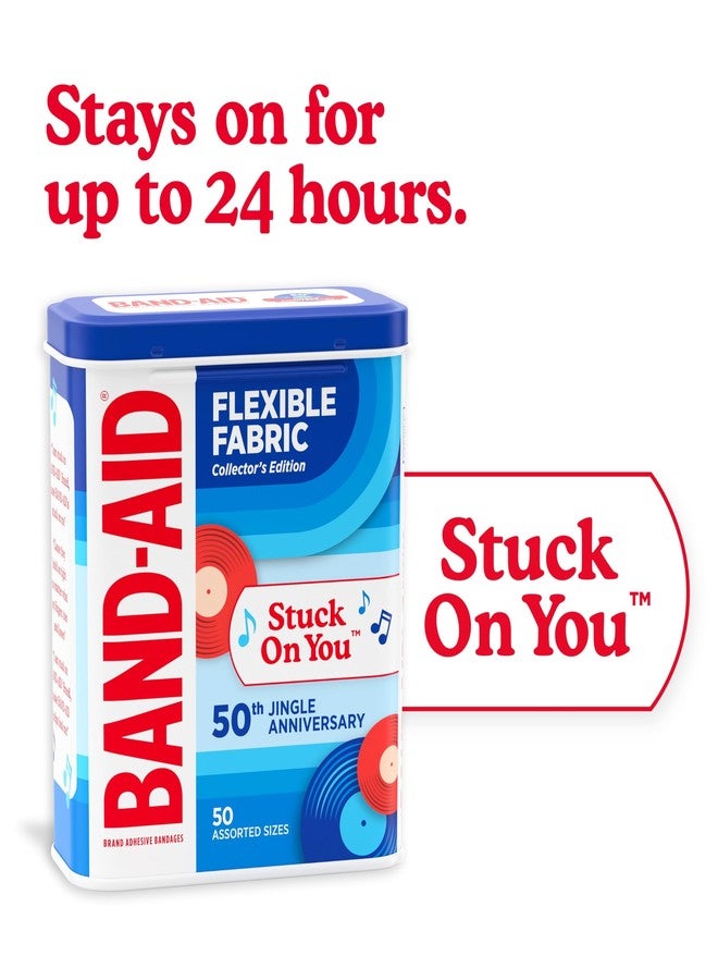 BAND-AID Brand Adhesive Bandages Flexible Fabric, Comfortable Sterile Protection & Wound Care for Minor Cuts & Burns, Jingle Anniversary Tin, Assorted Sizes, 50ct - Image 2