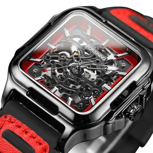 FORSINING ساعة فورسينغ للرجال مقاومة للماء بتصميم هيكل عظام أنيق، أوتوماتيكية، ستيمبانك، ذات حزام سيليكون مضيء، ساعة معصم مربعة (4-أحمر) - Image 2