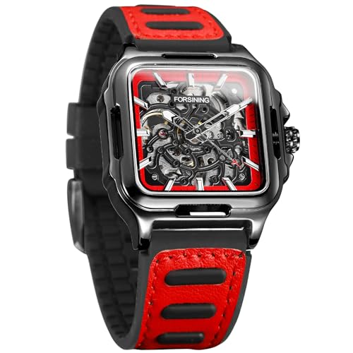 FORSINING ساعة فورسينغ للرجال مقاومة للماء بتصميم هيكل عظام أنيق، أوتوماتيكية، ستيمبانك، ذات حزام سيليكون مضيء، ساعة معصم مربعة (4-أحمر) - Image 1