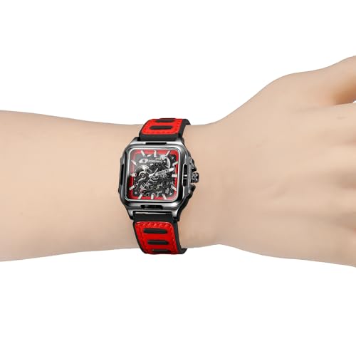 FORSINING ساعة فورسينغ للرجال مقاومة للماء بتصميم هيكل عظام أنيق، أوتوماتيكية، ستيمبانك، ذات حزام سيليكون مضيء، ساعة معصم مربعة (4-أحمر) - Image 4