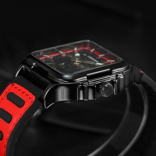 FORSINING ساعة فورسينغ للرجال مقاومة للماء بتصميم هيكل عظام أنيق، أوتوماتيكية، ستيمبانك، ذات حزام سيليكون مضيء، ساعة معصم مربعة (4-أحمر) - Image 5