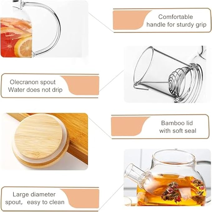 ريحني إبريق شاي زجاجي بوروسيليكات بغطاء من الخيزران وجهاز نفخ قابل للإزالةمثالي للشاي ذو الأوراق السائبة والمزهر 1600 مل - Image 4