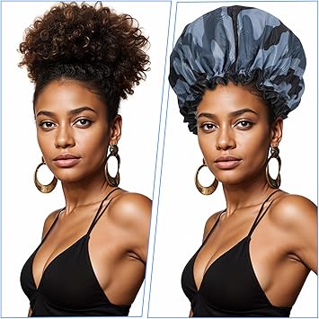 oruola غطاء دش مزدوج الطبقة للنساء بتصميم تمويه مقاوم للماء وقابل لإعادة الاستخدام من البلاستيك لذوي الشعر الطويل والقصير والمجعد أغطية دش من الساتان الفاخر مع حواف تغطي الأذنين - Image 4