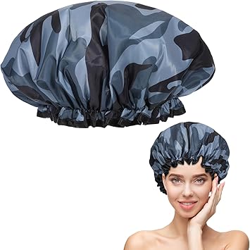 oruola غطاء دش مزدوج الطبقة للنساء بتصميم تمويه مقاوم للماء وقابل لإعادة الاستخدام من البلاستيك لذوي الشعر الطويل والقصير والمجعد أغطية دش من الساتان الفاخر مع حواف تغطي الأذنين - Image 1
