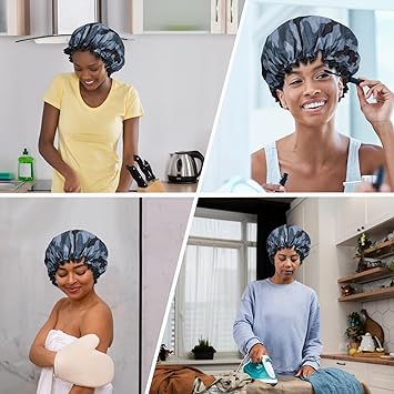 oruola غطاء دش مزدوج الطبقة للنساء بتصميم تمويه مقاوم للماء وقابل لإعادة الاستخدام من البلاستيك لذوي الشعر الطويل والقصير والمجعد أغطية دش من الساتان الفاخر مع حواف تغطي الأذنين - Image 5