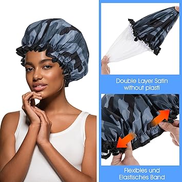 oruola غطاء دش مزدوج الطبقة للنساء بتصميم تمويه مقاوم للماء وقابل لإعادة الاستخدام من البلاستيك لذوي الشعر الطويل والقصير والمجعد أغطية دش من الساتان الفاخر مع حواف تغطي الأذنين - Image 3