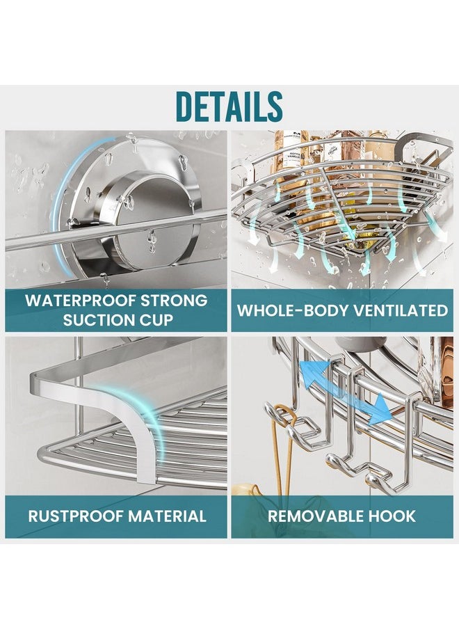 Taili TAILI Powerful Suction Cup Corner Shower Caddy 2 Pack, Stainless Steel Rustproof Shower Shelf with Hook, Drill-Free Wall Mounted Basket, Large Capacity Removable Suction Cup Bathroom Organizer, Silver  - Image 3