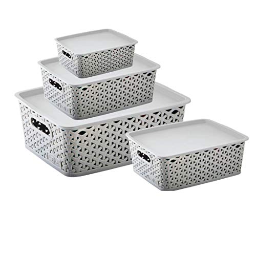 Nabhya Combo Of 4 Multi-Size Multipurpose Basket Storage Premium Plastic With LID Storage Basket Storage Basket (4 Piece Set, Grey) - Image 1