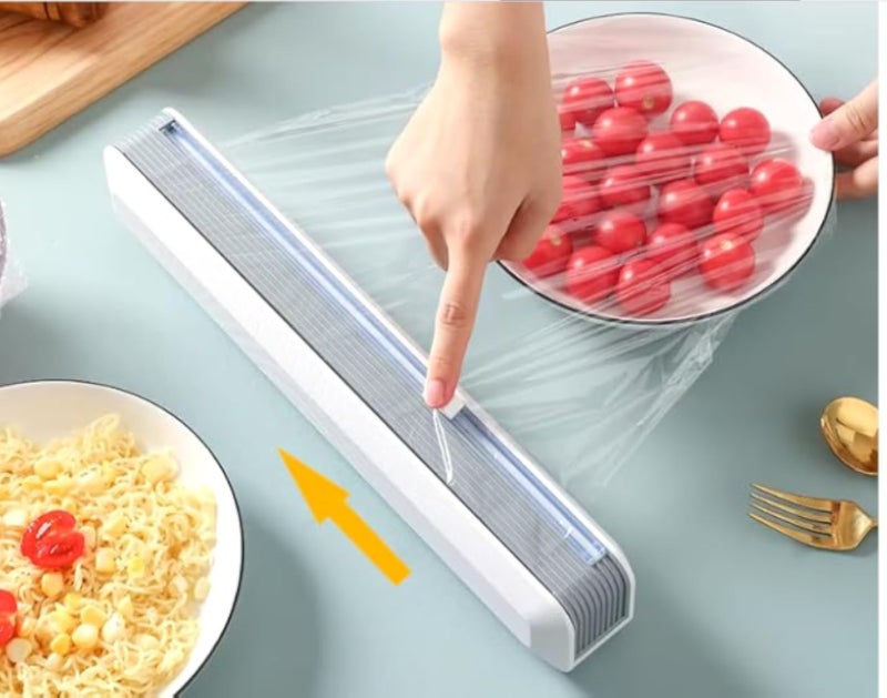 موزع غلاف بلاستيكي فاخر مع قاطع، صندوق تخزين قابل لإعادة التعبئة مع كوب شفط ومغناطيس، سهل التخزين ودقيق القطع لتنظيم المطبخ