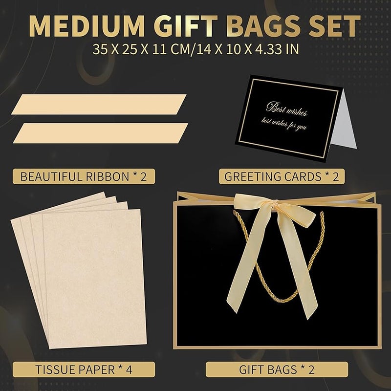 woric Black Gift Bags with Handles, 14 Medium Gift Bag with Tissue Paper, 2 Pcs Bags with 4 Tissue Paper and 2 Cards for Boys Men Birthday Baby Shower Party Mother's Day - Image 2