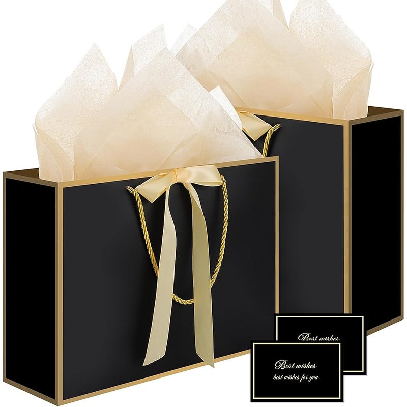 woric Black Gift Bags with Handles, 14 Medium Gift Bag with Tissue Paper, 2 Pcs Bags with 4 Tissue Paper and 2 Cards for Boys Men Birthday Baby Shower Party Mother's Day - Image 1