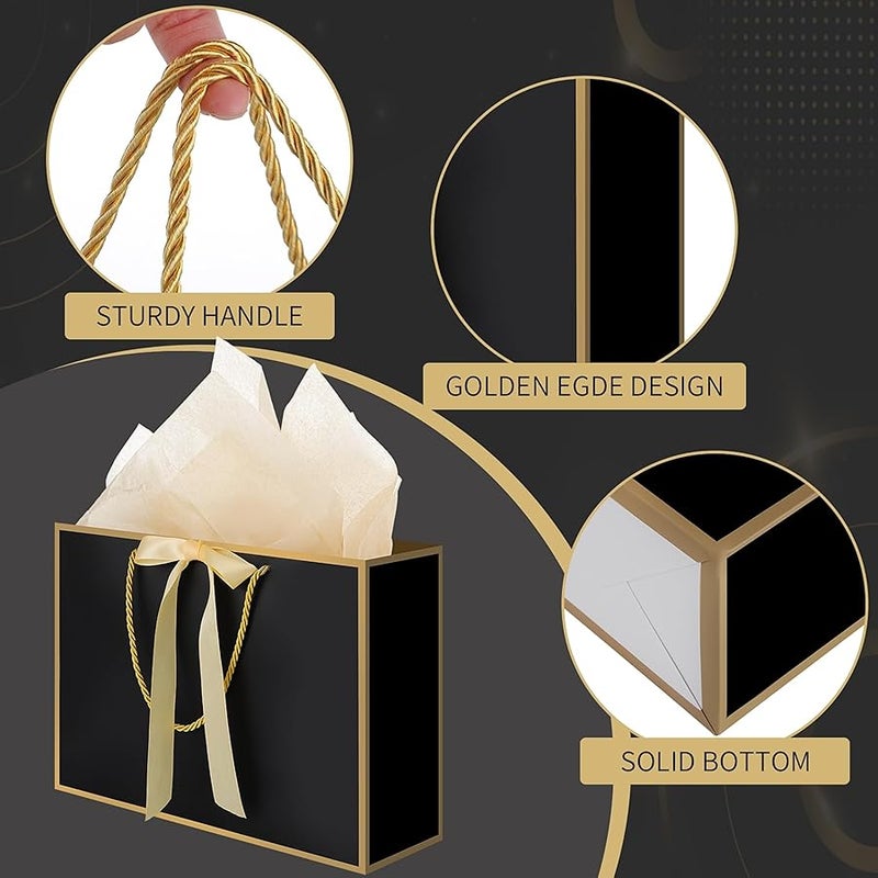 woric Black Gift Bags with Handles, 14 Medium Gift Bag with Tissue Paper, 2 Pcs Bags with 4 Tissue Paper and 2 Cards for Boys Men Birthday Baby Shower Party Mother's Day - Image 3