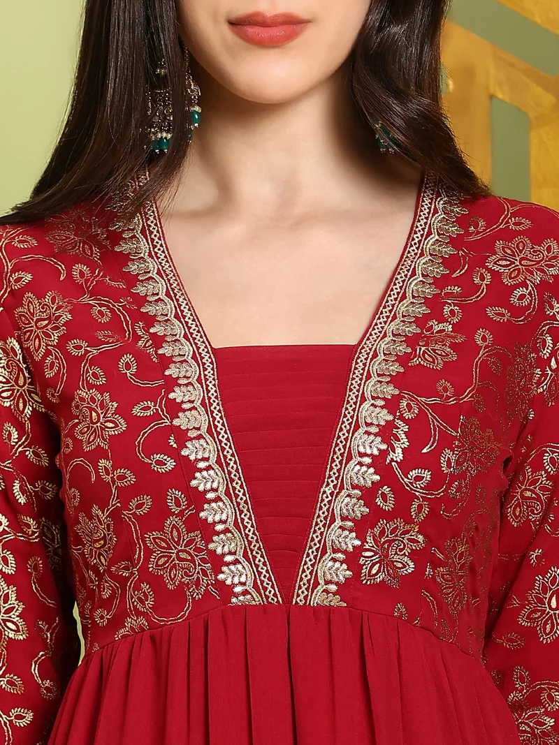 globus Globus Women Red V-Neck Pleated Embroidered Detail Gold Foil Ethnic Print Fit & Flare Maxi Festive Dress