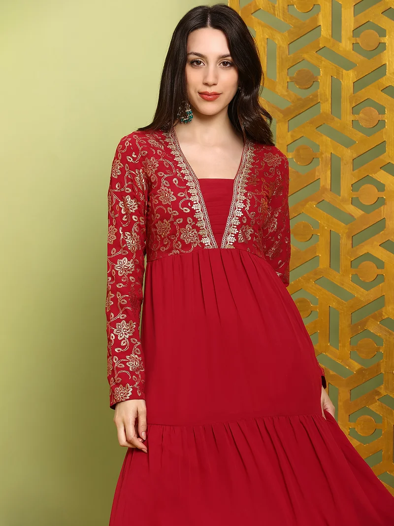 globus Globus Women Red V-Neck Pleated Embroidered Detail Gold Foil Ethnic Print Fit & Flare Maxi Festive Dress