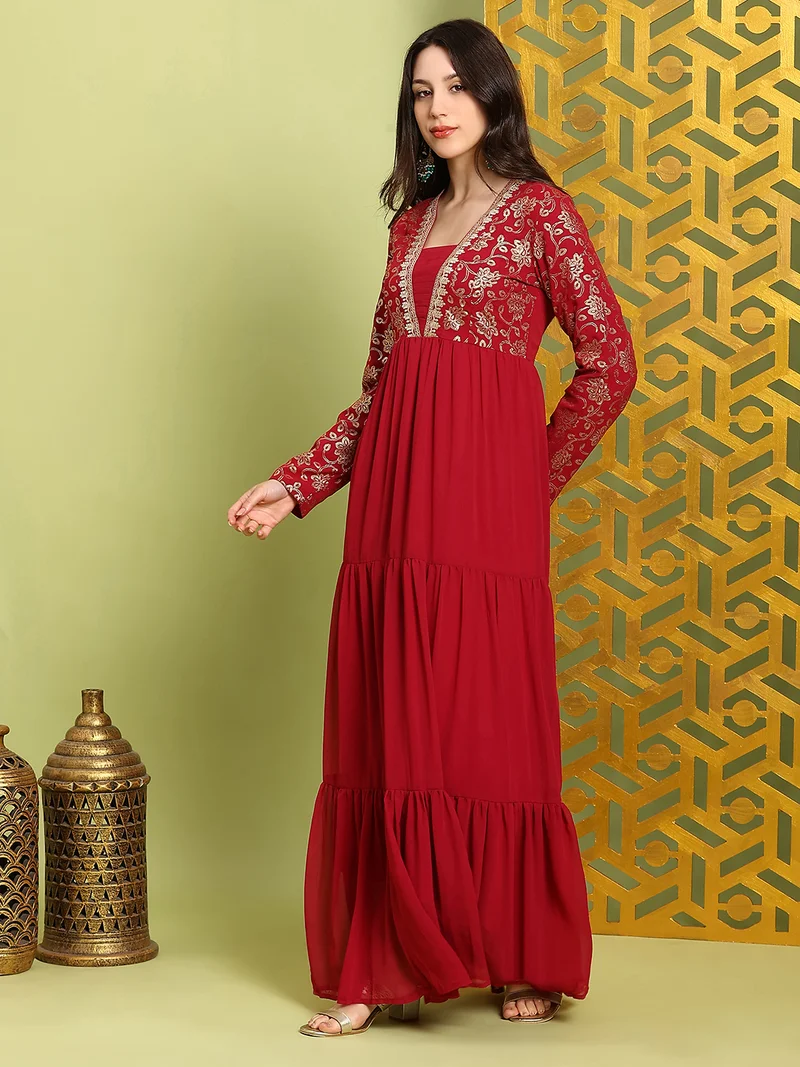globus Globus Women Red V-Neck Pleated Embroidered Detail Gold Foil Ethnic Print Fit & Flare Maxi Festive Dress