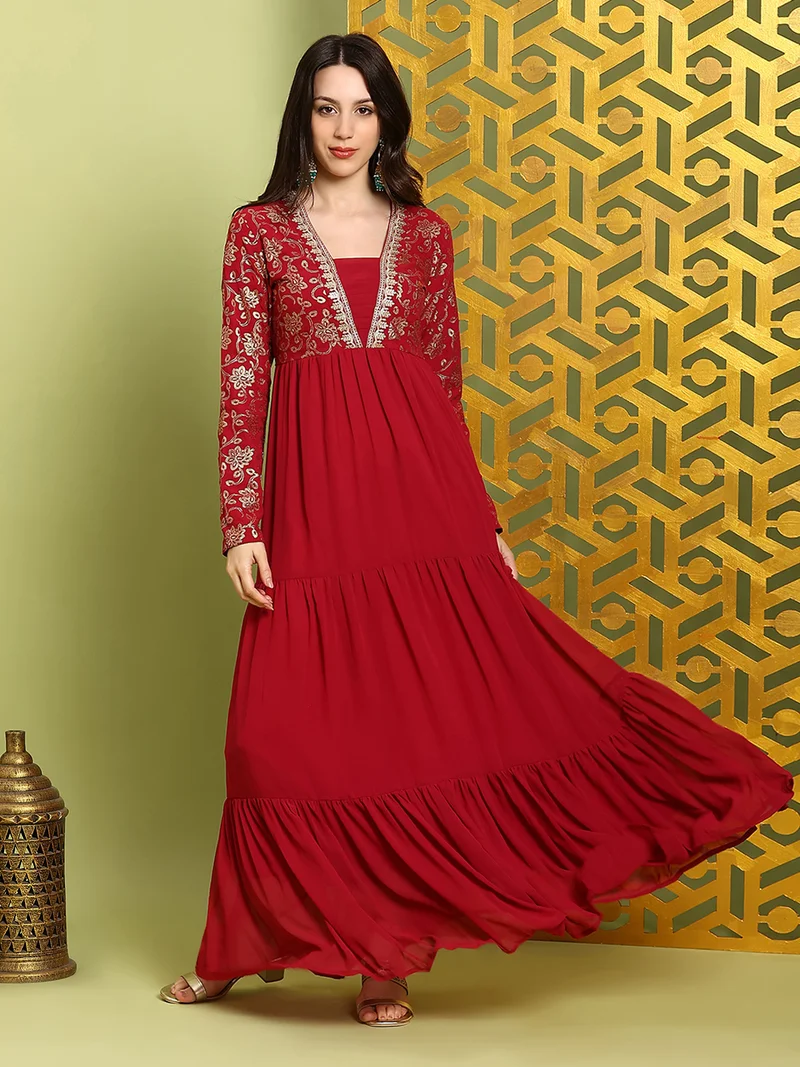globus Globus Women Red V-Neck Pleated Embroidered Detail Gold Foil Ethnic Print Fit & Flare Maxi Festive Dress