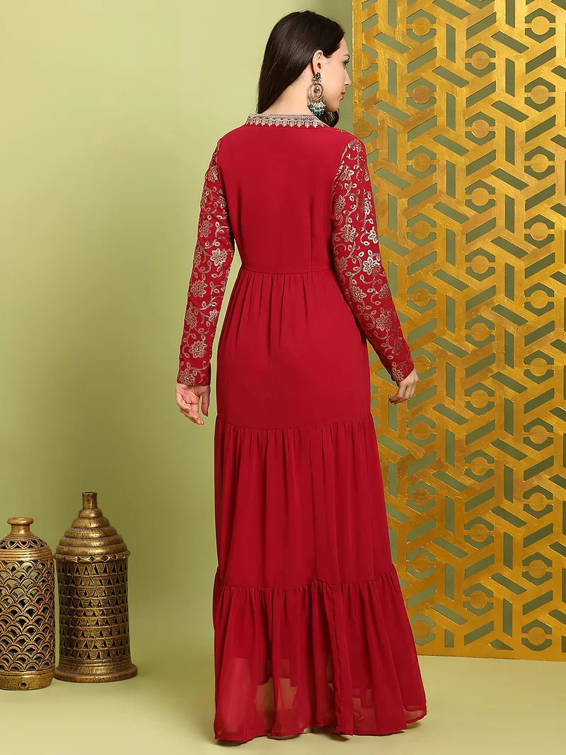 globus Globus Women Red V-Neck Pleated Embroidered Detail Gold Foil Ethnic Print Fit & Flare Maxi Festive Dress