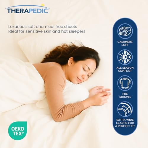 Therapedic 100% Egyptian Cotton Queen 6-Piece Sheet Set – Naturally Cooling & Breathable Sateen, Preshrunk Garment Wash, 16" Deep Pocket Fitted Sheet, Bonus Pillowcases, Soft & Durable - Fog - Image 2