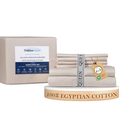 Therapedic 100% Egyptian Cotton Queen 6-Piece Sheet Set – Naturally Cooling & Breathable Sateen, Preshrunk Garment Wash, 16" Deep Pocket Fitted Sheet, Bonus Pillowcases, Soft & Durable - Fog - Image 1