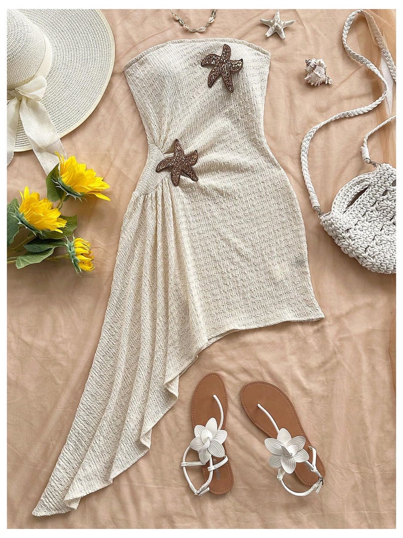 Floerns Women's Summer Sundress Metal Starfish Asymmetrical Hem Tube Beach Vacation Clothes Apricot Large - Image 3