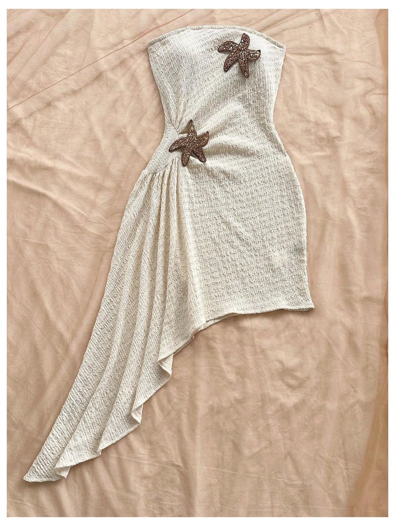 Floerns Women's Summer Sundress Metal Starfish Asymmetrical Hem Tube Beach Vacation Clothes Apricot Large - Image 2
