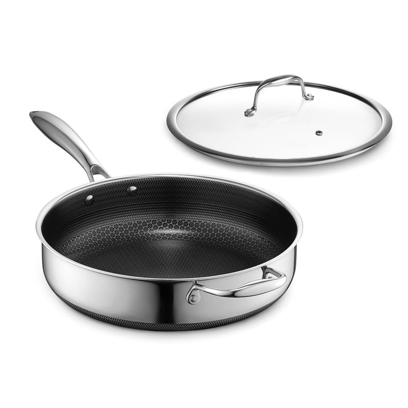 HexClad Hybrid Nonstick 4.5-Quart Deep SautÃ© Pan with Tempered Glass Lid, Stay-Cool Handle, Dishwasher-Friendly, Oven-Safe Up to 900Â°F, Induction Ready, Compatible with All Cooktops - Image 1