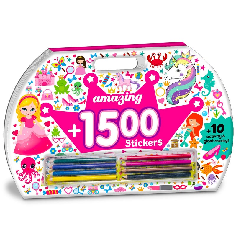 BRIJBASI Hello Friend 1500 Giant Stickers Colouring Activity Bag for Kids/Boys with 16 Colouring Sheets and 8 Full Size Colour Pencils 3+ yrs. (Girls) - Image 1