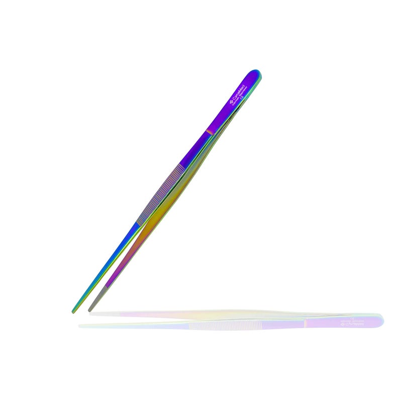 Cynamed 10 Kitchen Premium Tongs Tweezers Stainless Steel Long with Precision Serrated Tips Rainbow