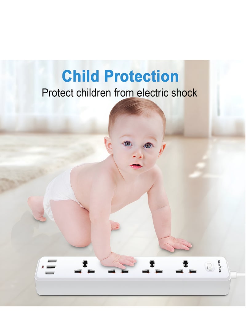 Next Life 3 Meter Power Extension Cord 4-Power Socket with 3 USB Charger Station, Office Supplies Protected Extension Cable, Fire Retardant Multi-Plug Tower, Switched Power Strip - Image 3