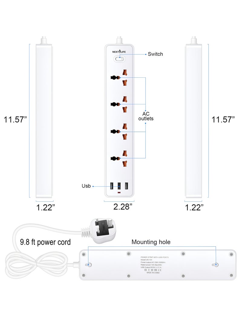Next Life 3 Meter Power Extension Cord 4-Power Socket with 3 USB Charger Station, Office Supplies Protected Extension Cable, Fire Retardant Multi-Plug Tower, Switched Power Strip - Image 2