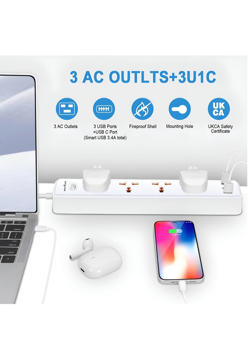 Next Life 3 Meter Power Extension Cord 4-Power Socket with 3 USB Charger Station, Office Supplies Protected Extension Cable, Fire Retardant Multi-Plug Tower, Switched Power Strip - Image 4