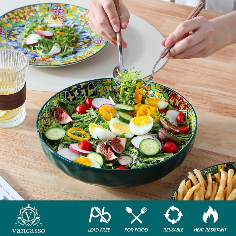 vancasso Large Serving Bowls 78 Oz Extra Large Salad Bowls Set of 2 Bohemian Decorative Bowls for Salad Fruit Pasta and Dinner Serving Dishes Set for Party Dishwasher  Microwave SafeGreen - Image 3