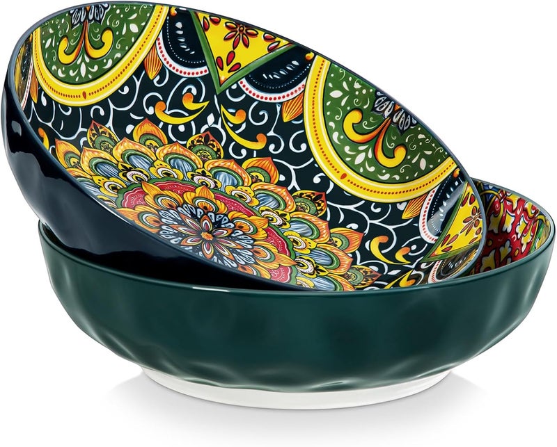 vancasso Large Serving Bowls 78 Oz Extra Large Salad Bowls Set of 2 Bohemian Decorative Bowls for Salad Fruit Pasta and Dinner Serving Dishes Set for Party Dishwasher  Microwave SafeGreen - Image 1